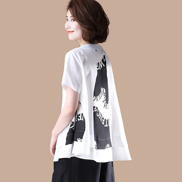 Printed T-shirt V-collar Short Sleeve Loose Top Summer Dress 