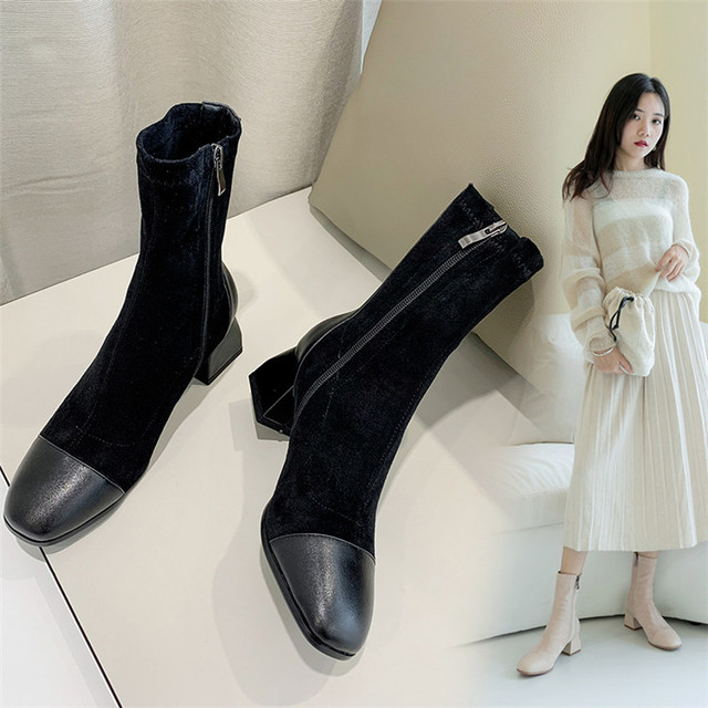 Autumn and winter fashion nude boots square toe women’s side zipper middle high heels elastic suede