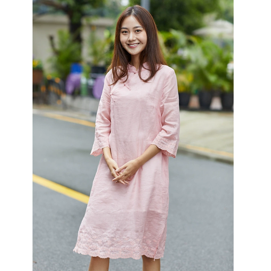 2020 летняя новая женская одежда из хлопка и льна, мягкое розовое платье с рукавом в виде листа лотоса с китайской вышивкой и воротником-стойкой