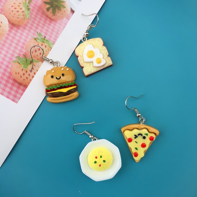 Cute Fun Asymmetrical Hamburger Pizza Bread Durian Earrings display picture 2