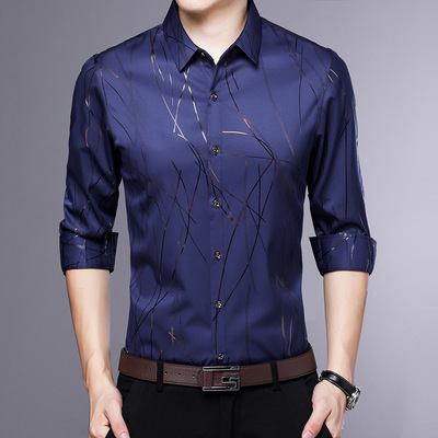 厂家直销2019春季新款男士翻领长袖衬衫韩版男式修身印花衬衣批发