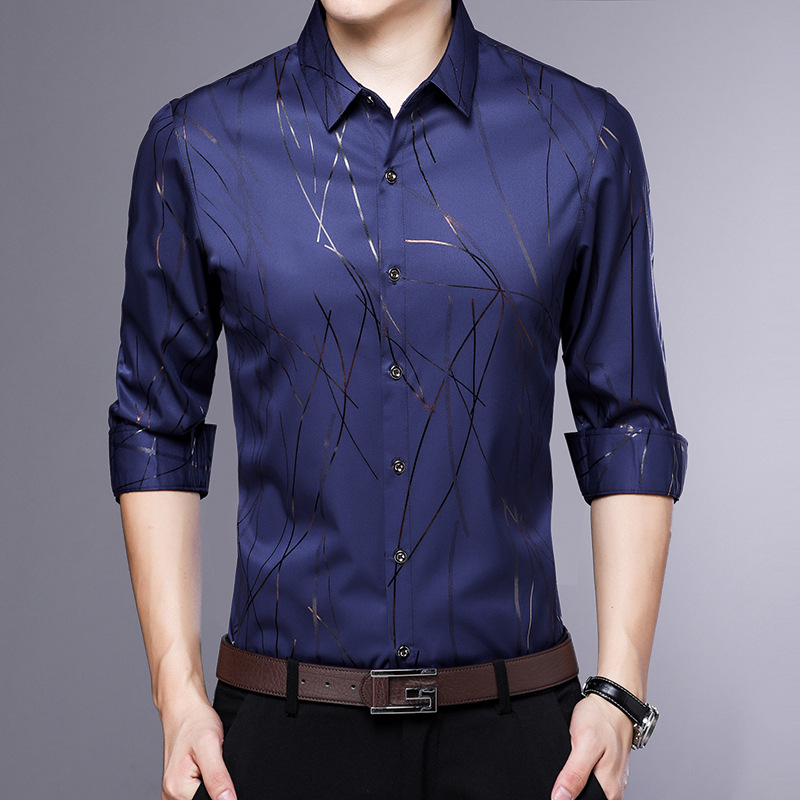 厂家直销2019春季新款男士翻领长袖衬衫韩版男式修身印花衬衣批发