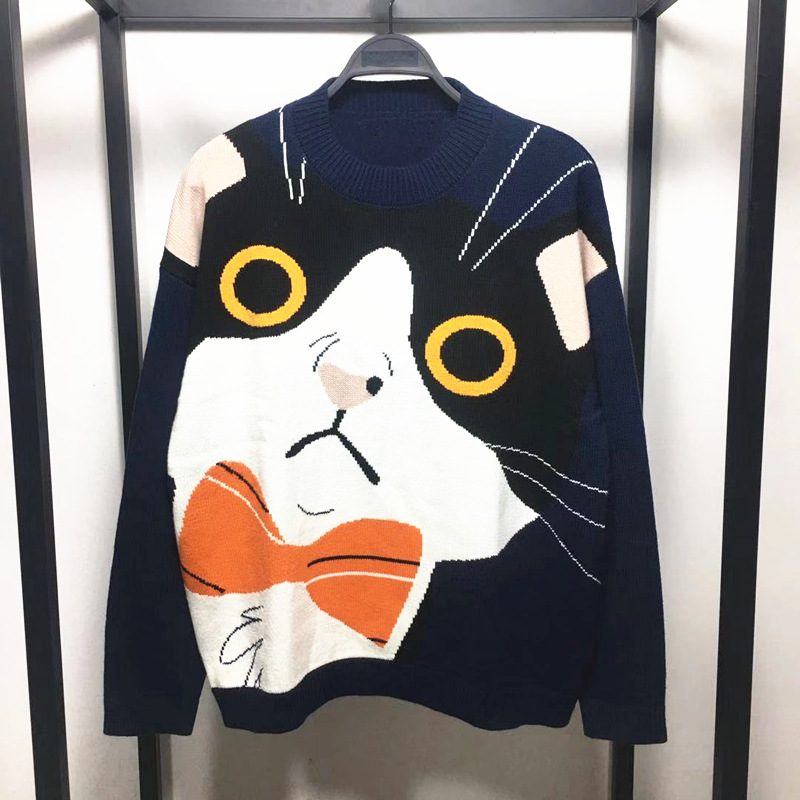 Men's Wool Sweater With Cat Pattern Round Neck Couple Knit Top_voghion.com