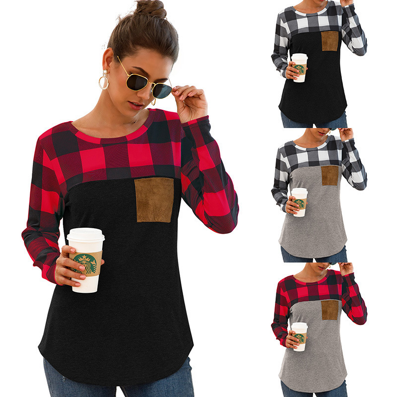 2020 European and American women's spring and summer new Amazon popular wish round neck Plaid splicing long sleeve pocket T-shirt