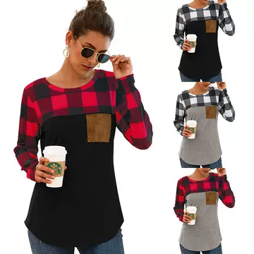 2020 European and American women's spring and summer new Amazon popular wish round neck Plaid splicing long sleeve pocket T-shirt - ShopShipShake