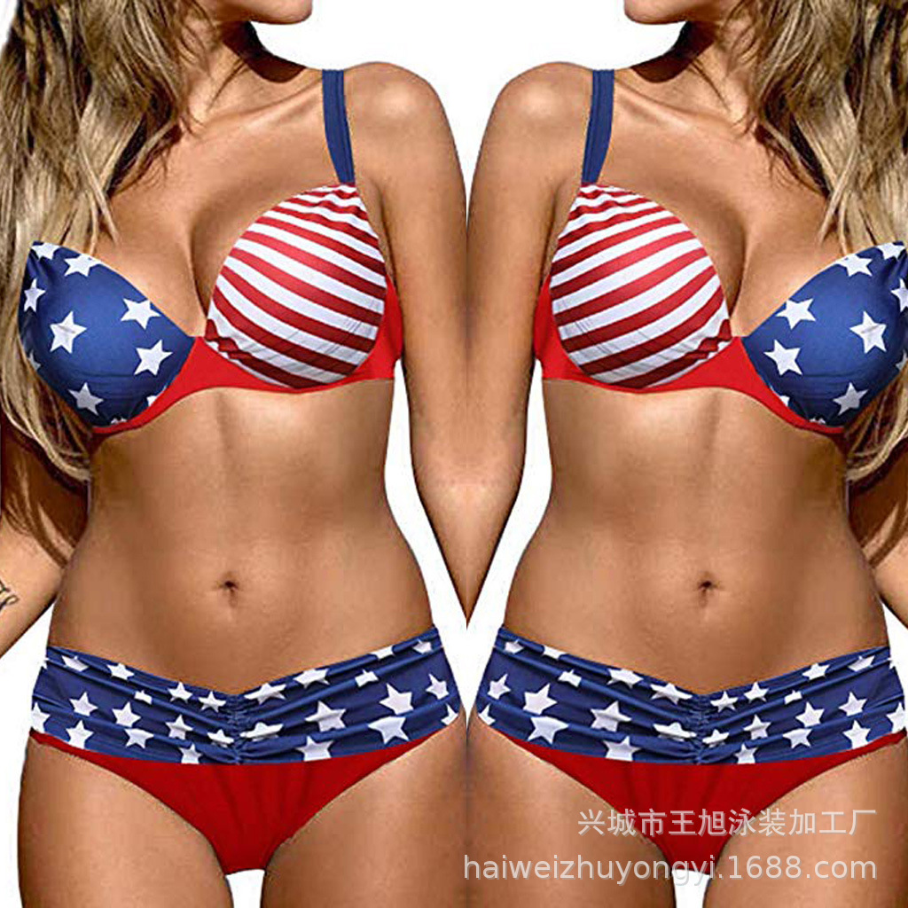 New Cross-border Amazon Bikini Large Size European and American Pattern Stripes Ladies Sexy Split Swimsuit