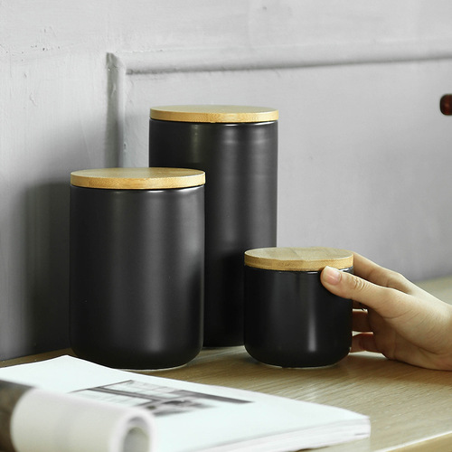 European-style wooden lid ceramic airtight canister kitchen storage jar for grains, food, coffee beans, tea leaves, powdered milk, and sugar.