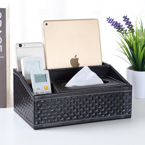 Creative Home Goods Multi-functional Tissue Box with Desktop Remote Control Organizer Leather Tissue Box LOGO Wholesale