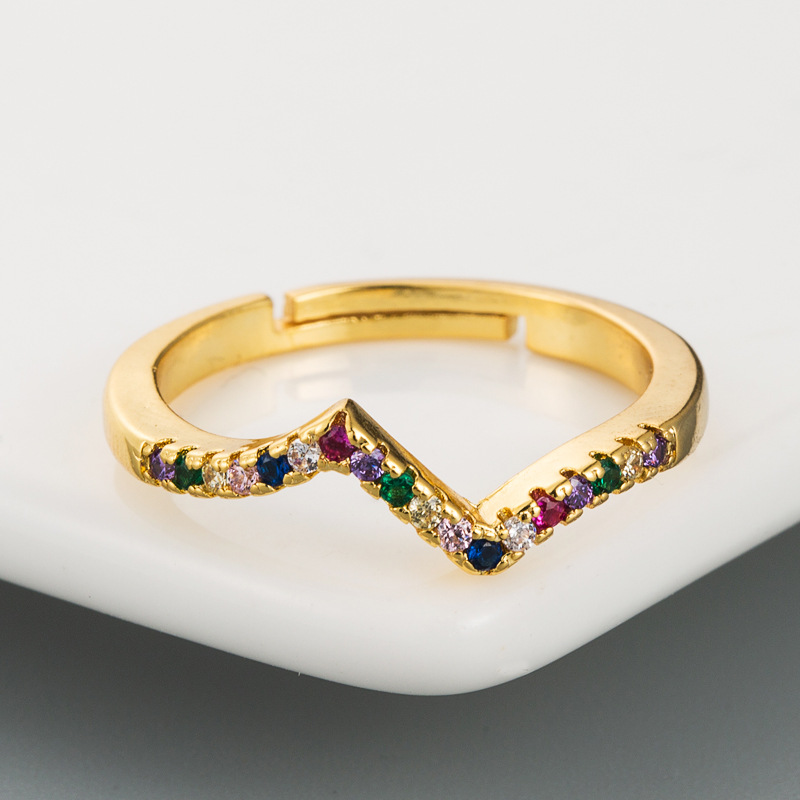 Wavy Ring Female Irregular Copper With Colored Zircon Rings Rainbow Ring display picture 4