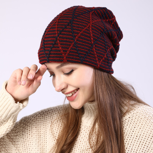 M1021 rhombus mesh mixed color pullover hat for men and women in autumn and winter plus velvet warm ear protection and cold protection woolen pile hat