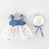 Summer denim small princess costume with bow, beach dress, hat