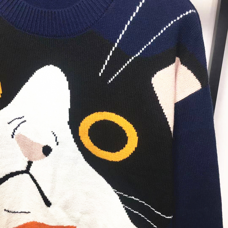 Men's Wool Sweater With Cat Pattern Round Neck Couple Knit Top_voghion.com