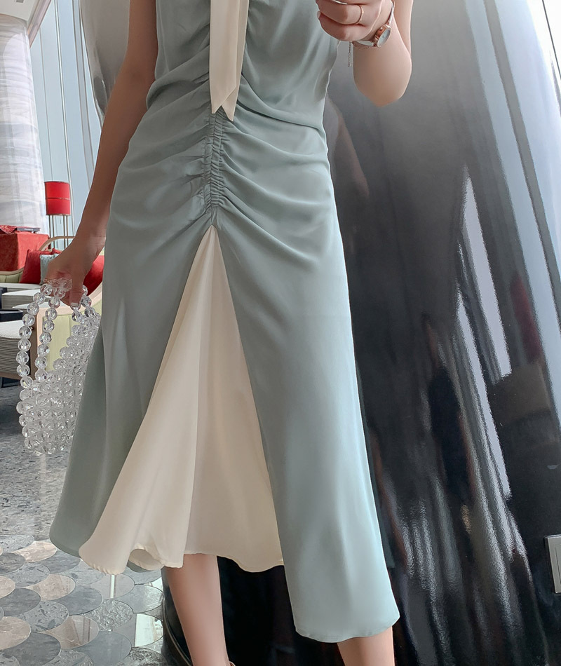 Đầm maxi nữ thắt eo cổ buộc dây xếp ly thanh lịch — Màu xanh lam chi tiết 16