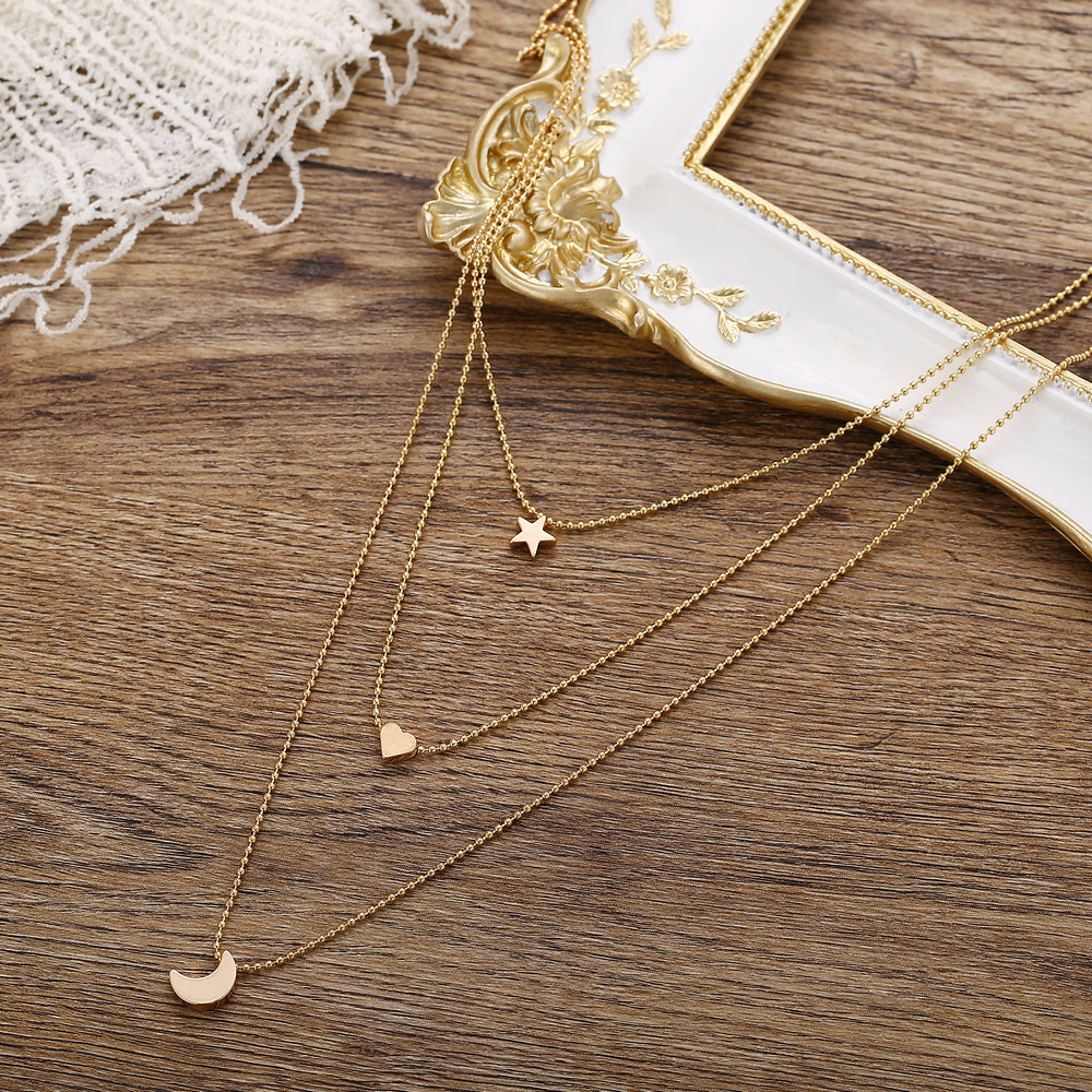 Europe and America New Gold Pendant collarbone chain creative retro simple Star Moon Love Pendant Necklace