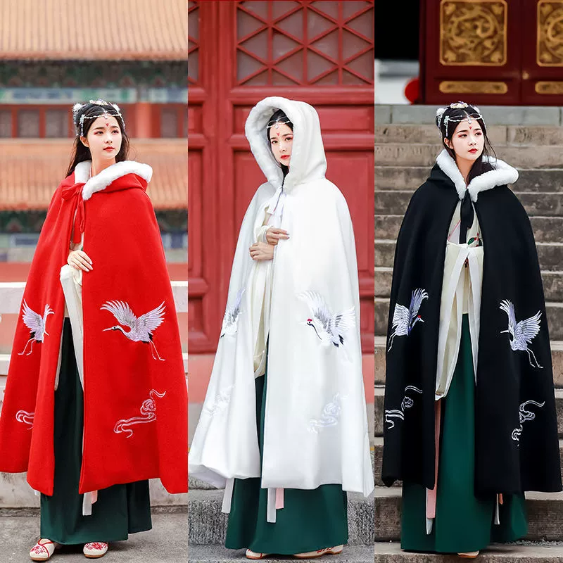 Осенний демисезон Hanfu, теплая куртка-плащ с капюшоном, увеличенная толщина, с вышивкой