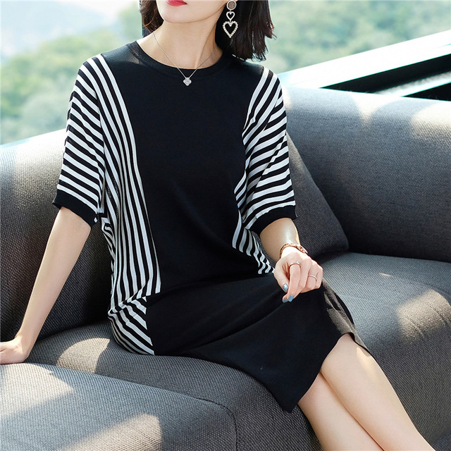 Round neck middle sleeve icy silk A-line skirt medium length stripe Pullover knitted dress female