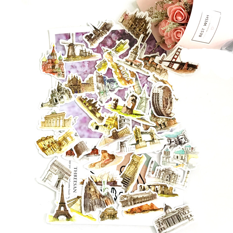 42张世界各地复古怀旧建筑手账贴纸笔记本手机涂鸦贴画