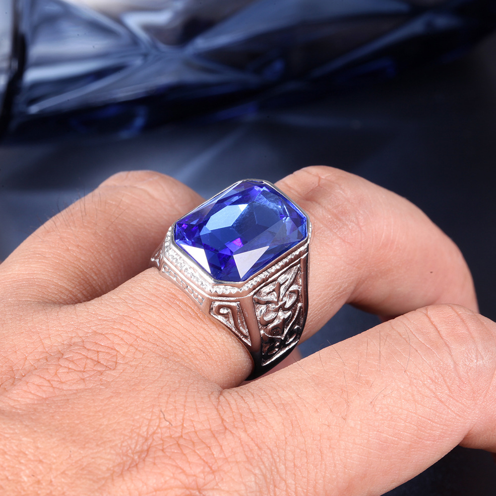 Square Pattern Hip-Hop Square Titanium Steel Inlay Glass 18K Gold Plated Men'S Rings