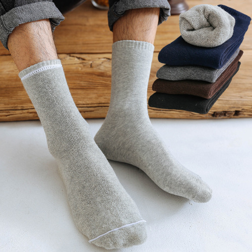 Thickened socks men's winter solid color warm plus velvet floor socks business mid-calf men's socks towel bottom cotton socks wholesale