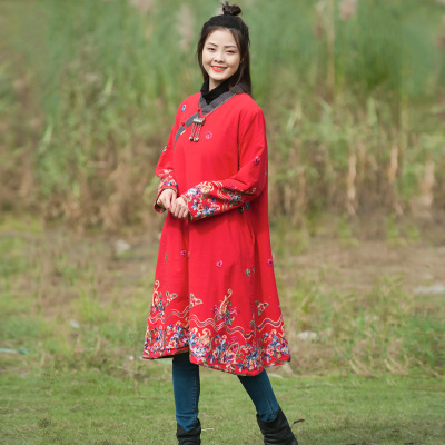 冬季女装民族风绣花中长外套枝牌纯棉刺绣国风复古加绒保暖上衣|ms