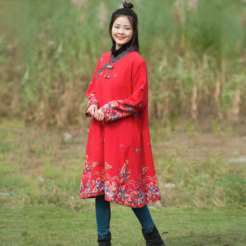 冬季女装民族风绣花中长外套枝牌纯棉刺绣国风复古加绒保暖上衣|ms