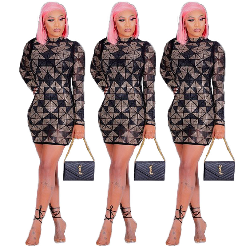 stretch light print high neck long sleeve dress nihaostyles wholesale clothes NSCYF91669