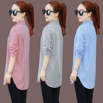 厂家直销亚马逊爆款竖条纹衬衫女中长款宽松大码上衣女式长袖衬衣|ru