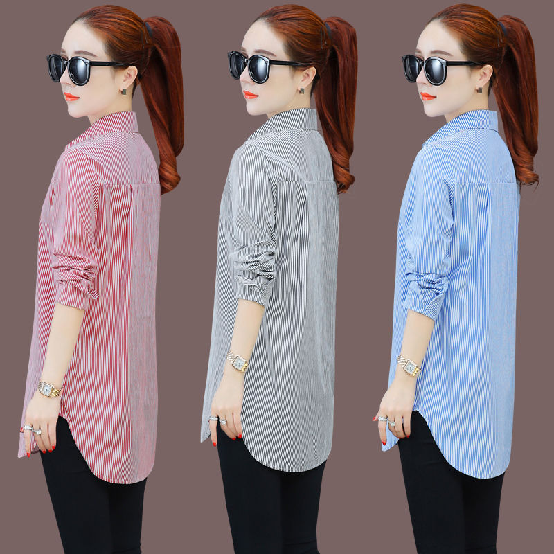厂家直销亚马逊爆款竖条纹衬衫女中长款宽松大码上衣女式长袖衬衣|ru