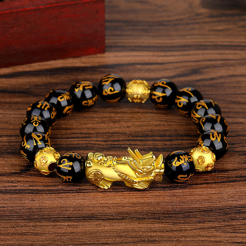 Vietnamese gold plated Pixiu bracelet obsidian Buddhist beads bracelet imitating 999 gold hard gold large Pixiu color preservation_voghion.com