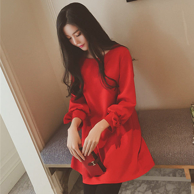 孕妇装春秋宽松上衣中长款连衣裙韩版时尚蝴蝶结|ms