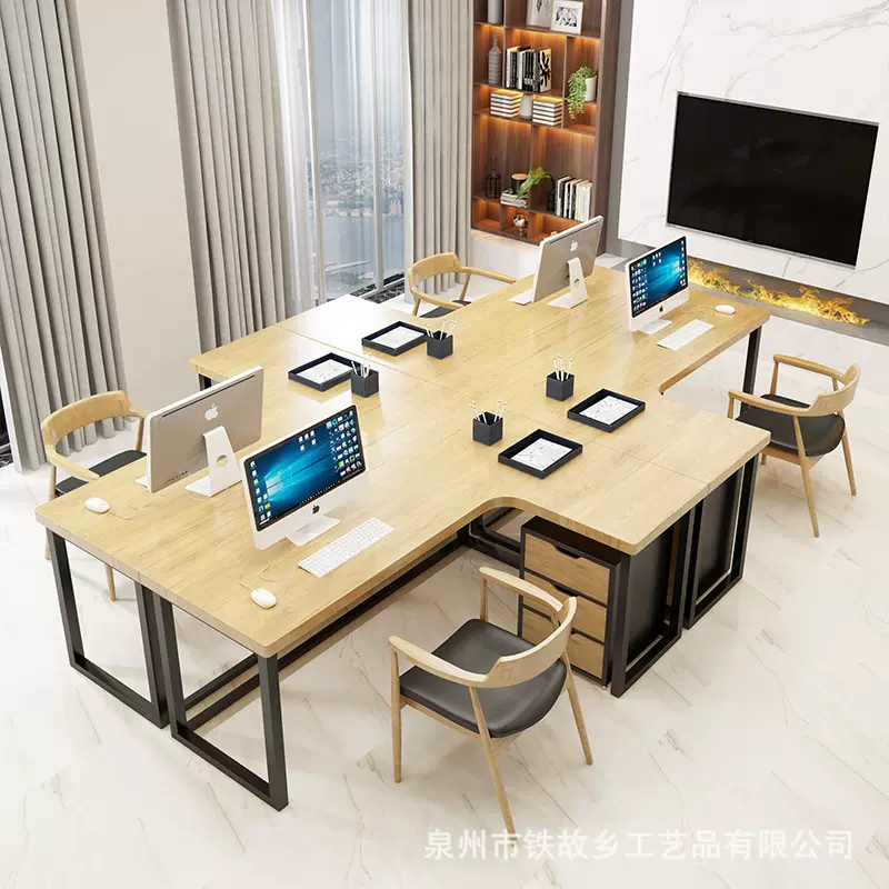 简约现代实木转角办公桌椅组合 创意带储物柜子员工电脑桌子批发