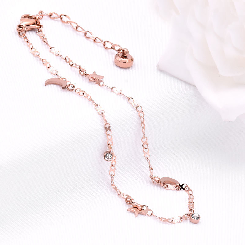 新款上新 韩版简约星星月亮石托玫瑰金8字链钛钢脚链创意小饰品|ms