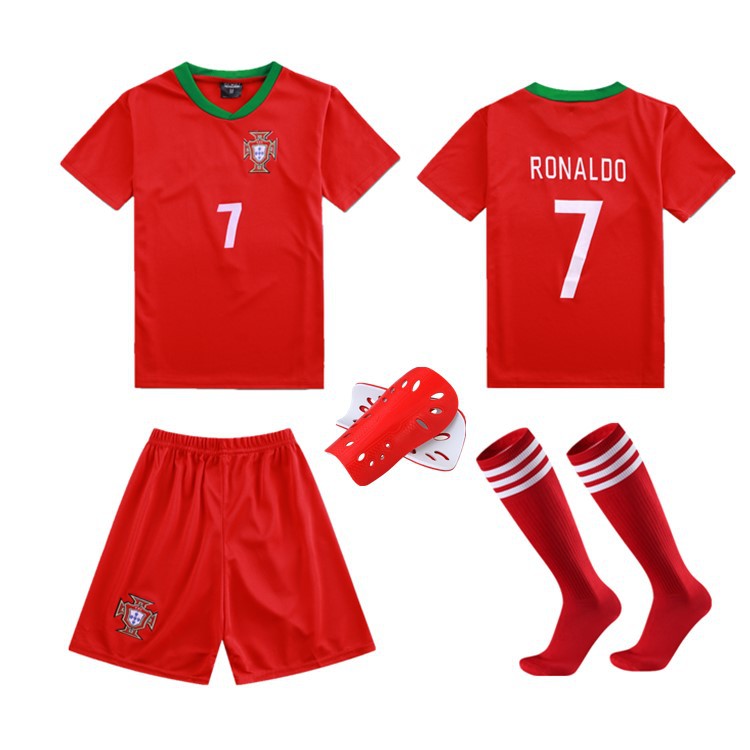 葡萄牙C羅7號球衣送襪子送護腿板 幼兒園表演服 兒童足球隊速幹服