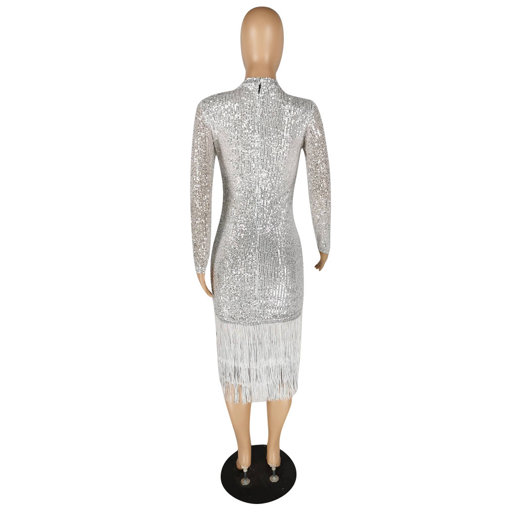 Women's Sequin Dress Party Dress Elegant Classic Style Round Neck Sequins Long Sleeve Solid Color Midi Dress Banquet Evening Party display picture 27