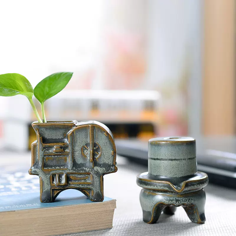 办公室桌面摆件创意石磨花瓶简约客厅桌面工艺装饰品陶瓷花瓶花插