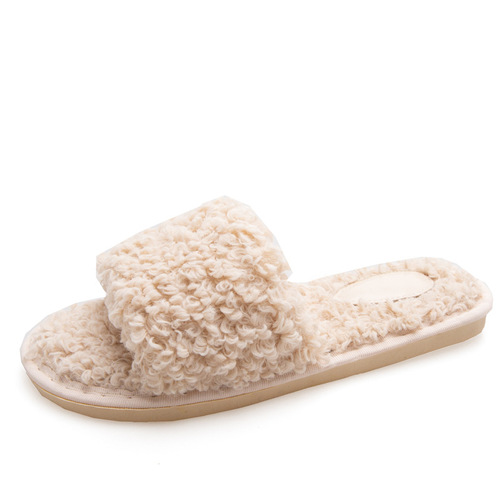 2019 autumn and winter new style curly plush slippers for women's home indoor wooden floor slippers, comfortable plush slippers for confinement