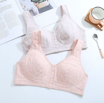 精梳棉氨前扣印花宽肩带中老年文胸大码可配插片哺乳少女胖妞内衣|ms