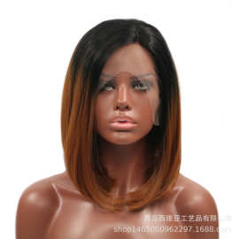 跨境电商假发女棕色渐变前蕾丝化纤wigs 哑光高温丝bobo头锁骨发