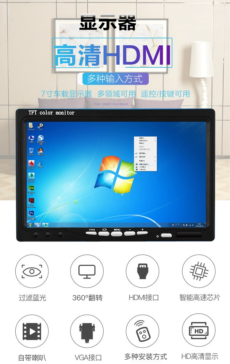 7-дюймовый HDMI дисплей высокого разрешения 1024*600 автомобильный монитор VGA дисплей охранный монитор 1080p