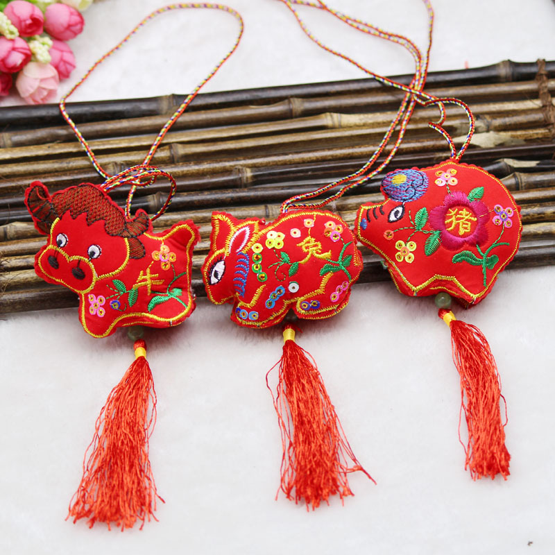 HSHBAW端午节属相香囊民族风绒布苏绣亮片长绳儿童挂脖12生肖香包
