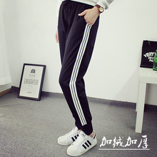 厂家直销秋冬韩版三条杠运动裤加绒加厚保暖长裤宽松松紧腰女裤