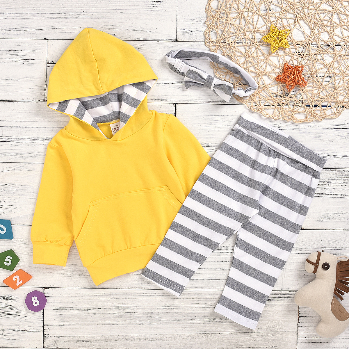 Children's Suit Hooded Sweater Striped Trousers Headband Set display picture 3