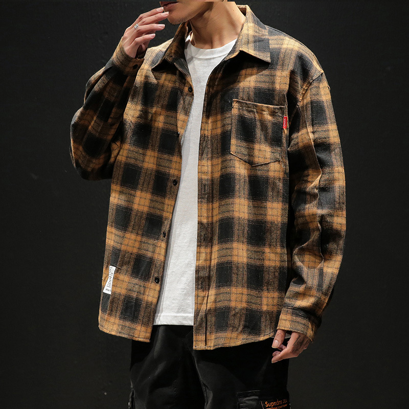 Otoño 2022 camisa a cuadros de los hombres japoneses más tamaño casual Camisa de manga larga estilo coreano moda abrigo de grasa