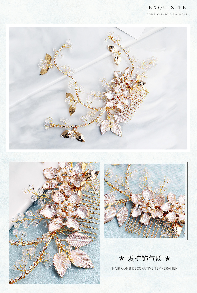 Handmade Bridal Headdress Alloy Flower Branch Hair Comb Pearl Diamond Insert Comb Hair Accessories display picture 4