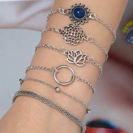 欧美风合金荷叶 莲花 米珠链 6件套手链 气质花片链条手镯女手饰