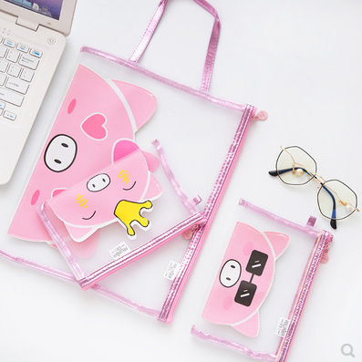 Cartoon A4 transparent mesh file bag A5 large capacity storage bag student exam grid zipper bag stationery bag