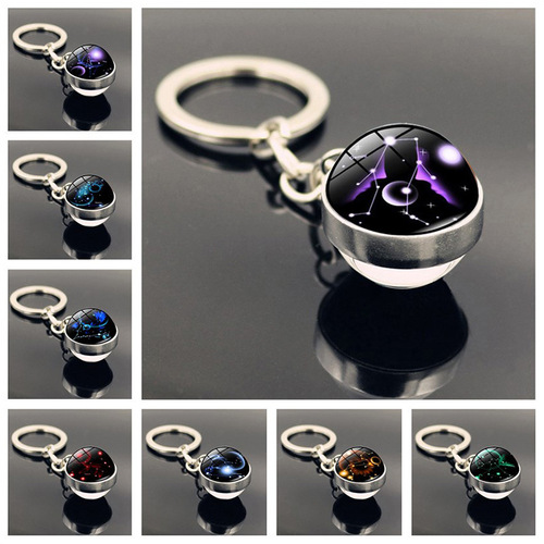 Twelve Constellations Time Gemstone Keychain Female Student Creative Birthday Gift Double-Sided Glass Ball Pendant Keychain