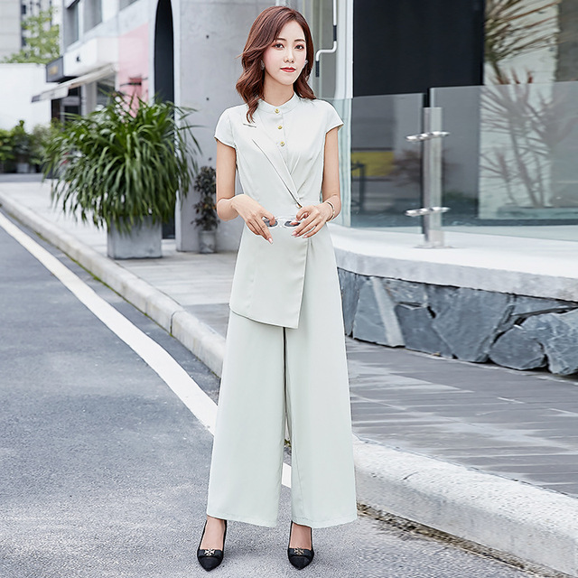 New Fashion Round-collar Stitching Slim Broad-legged Trousers Suit