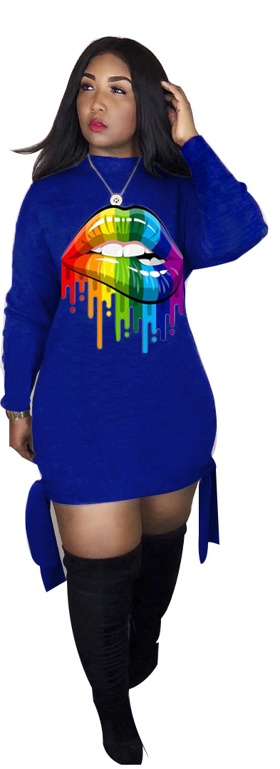 digital printing colorful lips bandage long-sleeved dress NSFZ61548