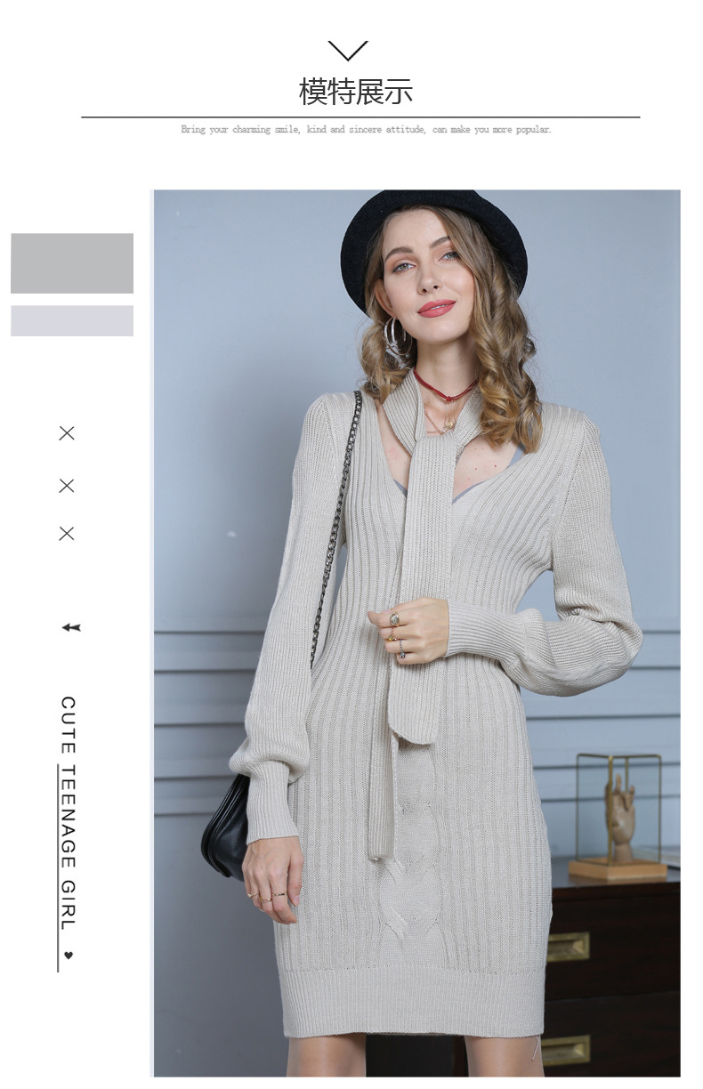 new women s V-neck long-sleeved bottoming sweater Slim long knitted dress NSYH7185